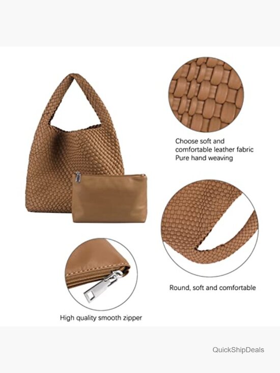 Hand Woven Vegan Leather Tote Bag Shoulder Bag With Purse - Picture 5 of 7